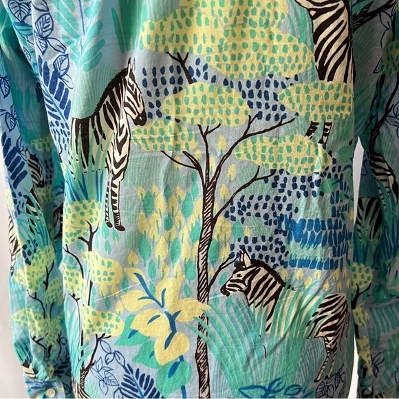 SOLD J MCLAUGHLIN LOIS SHIRT S BLUE GREEN GIRAFFE WHIMSY CASUAL COLORFUL STRETCH - Picture 7 of 12